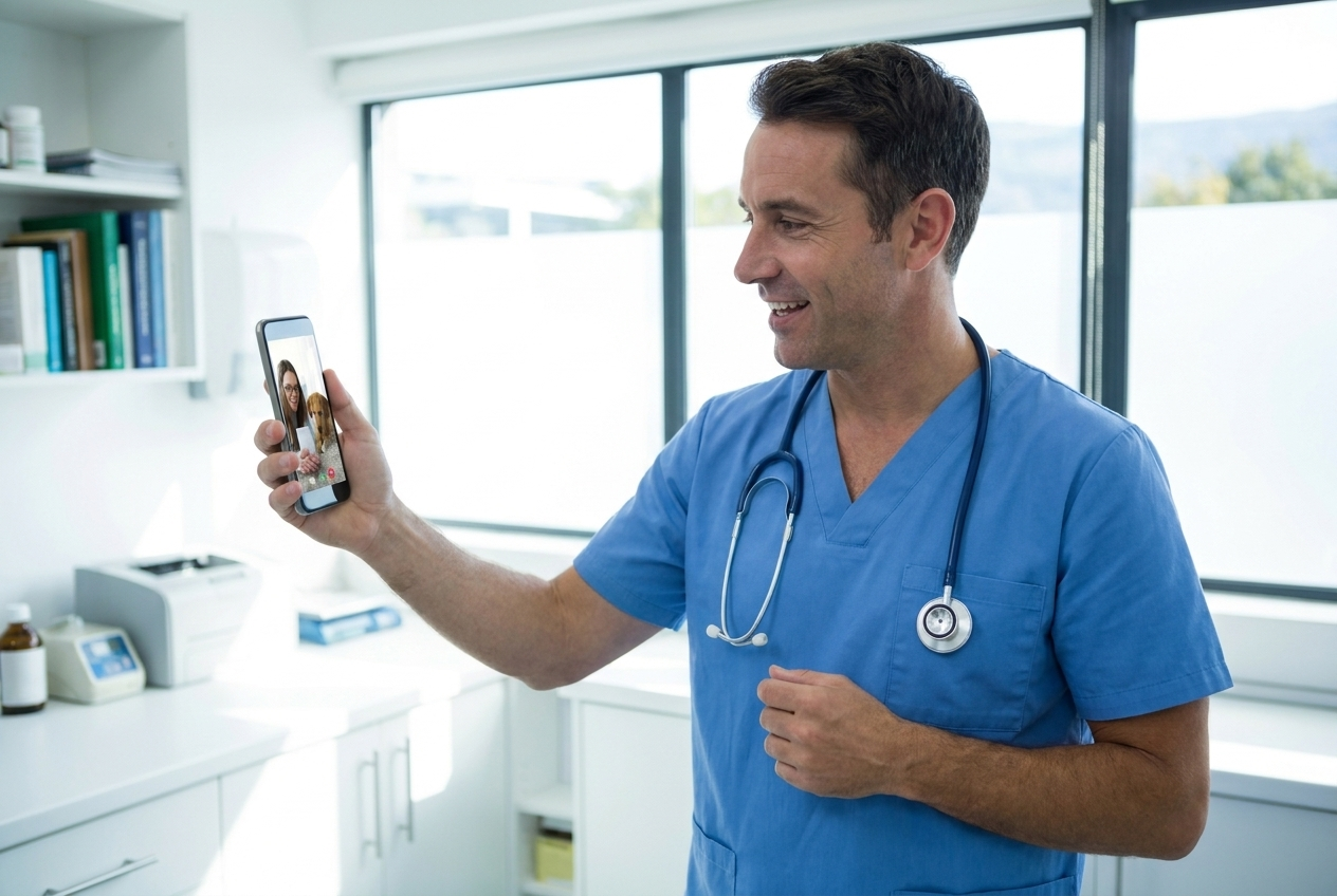 Veterinarian talking to someone on a vet call