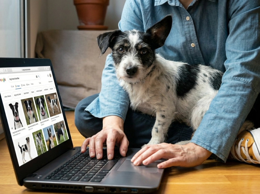 person looking up on the computer what type of dog her mixed-breed dog might be.
