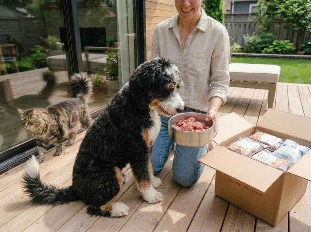 Pet Food Cost Calculator - woman feeding her dog premium delivery dog food