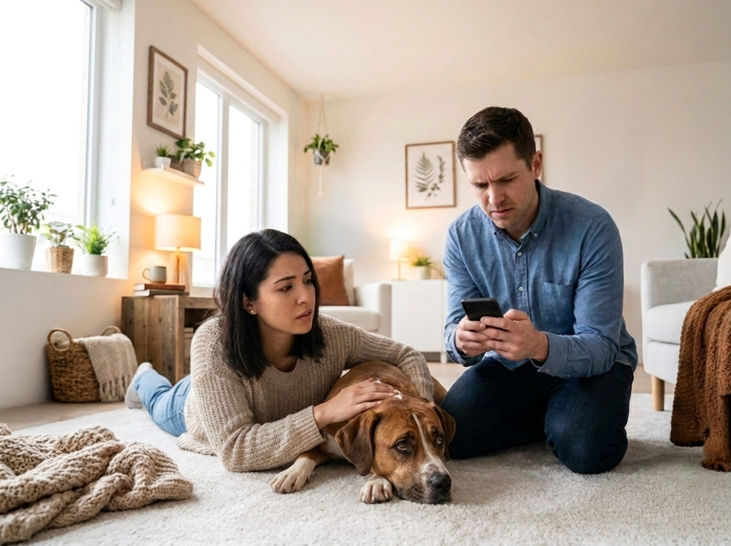 Two nervous pet parents worried about what their dog may have eaten