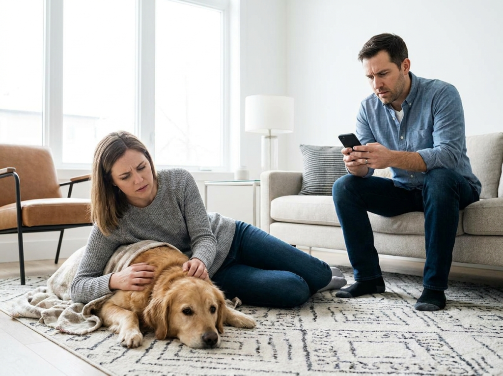 Dog parents trying to figure out what's wrong with their dog.