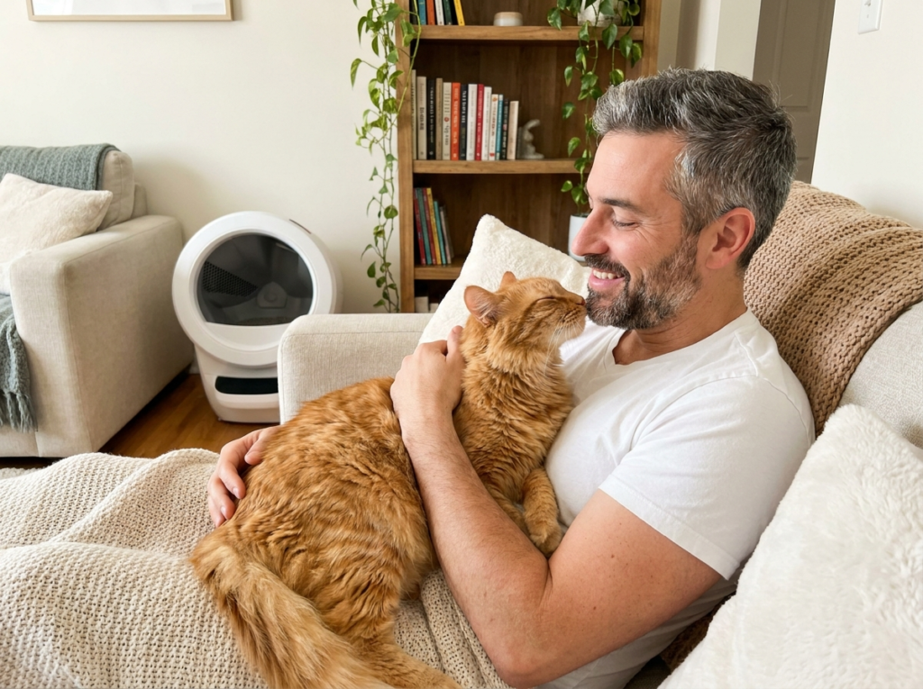 Man with his cat with a Litter Robot in the background
